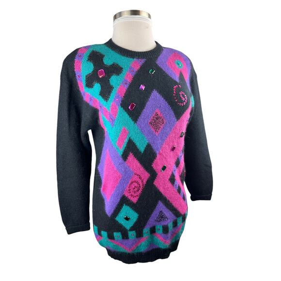 Vtg Retro I.B. Diffusion Artsy Embellished Jeweled Geometric Sweater Size Small - Picture 3 of 12